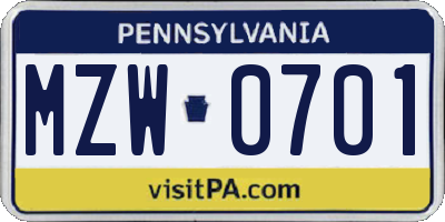 PA license plate MZW0701