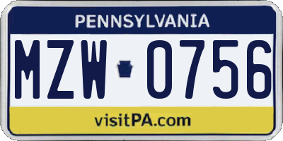 PA license plate MZW0756