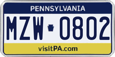 PA license plate MZW0802