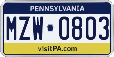 PA license plate MZW0803
