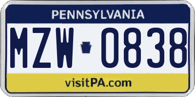 PA license plate MZW0838