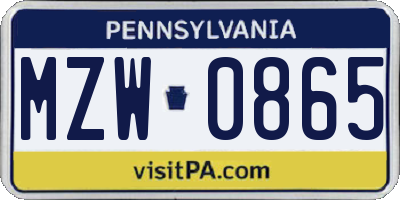 PA license plate MZW0865