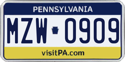 PA license plate MZW0909