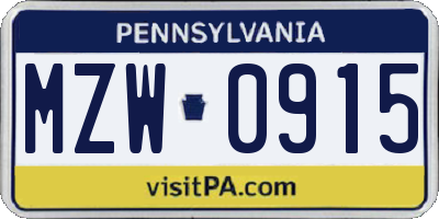 PA license plate MZW0915