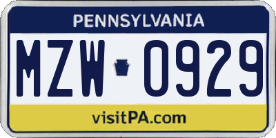 PA license plate MZW0929