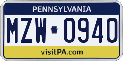 PA license plate MZW0940