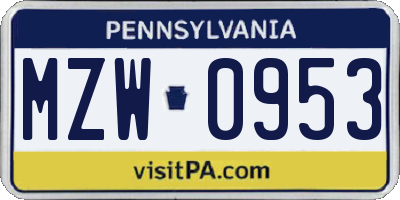 PA license plate MZW0953