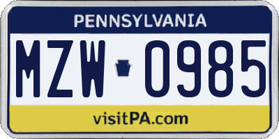 PA license plate MZW0985