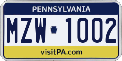 PA license plate MZW1002