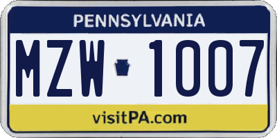 PA license plate MZW1007
