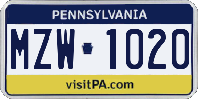PA license plate MZW1020
