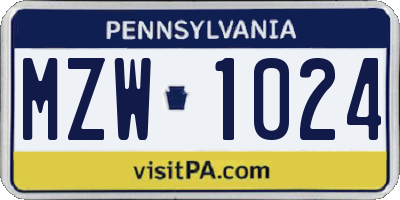 PA license plate MZW1024