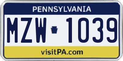 PA license plate MZW1039