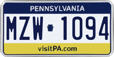 PA license plate MZW1094