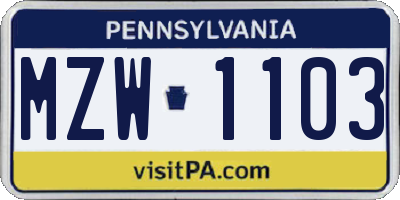 PA license plate MZW1103