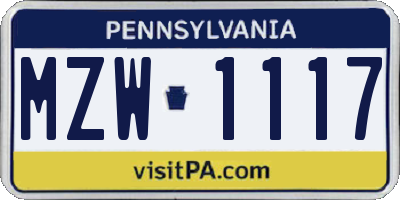 PA license plate MZW1117