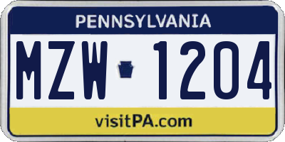 PA license plate MZW1204