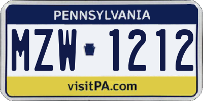 PA license plate MZW1212