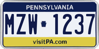 PA license plate MZW1237