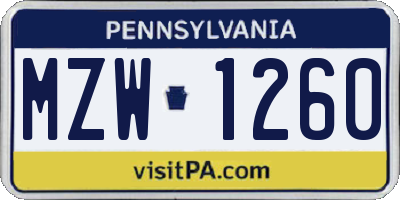 PA license plate MZW1260