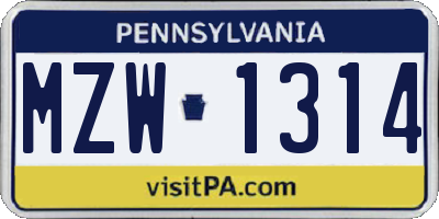 PA license plate MZW1314