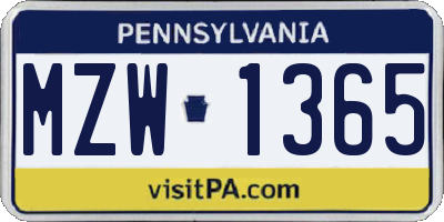 PA license plate MZW1365
