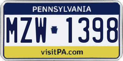 PA license plate MZW1398