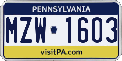 PA license plate MZW1603