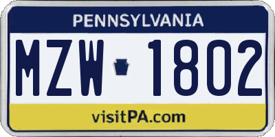 PA license plate MZW1802