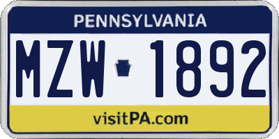 PA license plate MZW1892