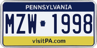 PA license plate MZW1998