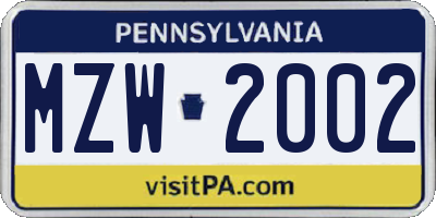 PA license plate MZW2002