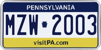 PA license plate MZW2003