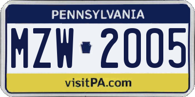 PA license plate MZW2005