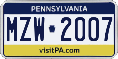 PA license plate MZW2007