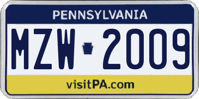 PA license plate MZW2009