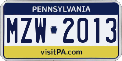 PA license plate MZW2013