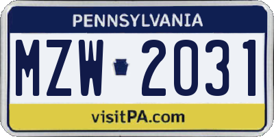 PA license plate MZW2031