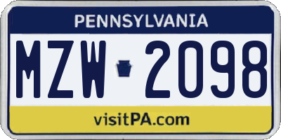 PA license plate MZW2098