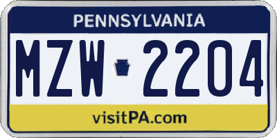 PA license plate MZW2204