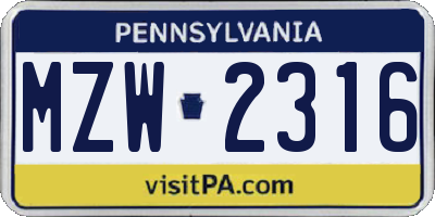 PA license plate MZW2316