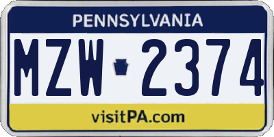 PA license plate MZW2374
