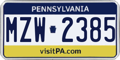 PA license plate MZW2385