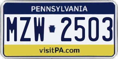 PA license plate MZW2503