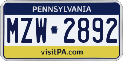 PA license plate MZW2892