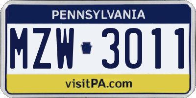 PA license plate MZW3011