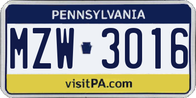 PA license plate MZW3016