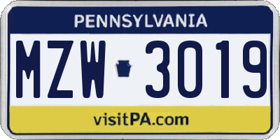 PA license plate MZW3019