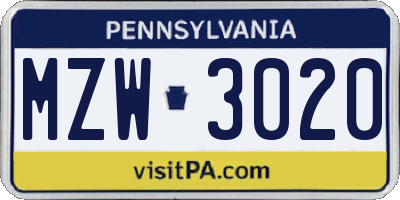PA license plate MZW3020