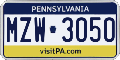 PA license plate MZW3050